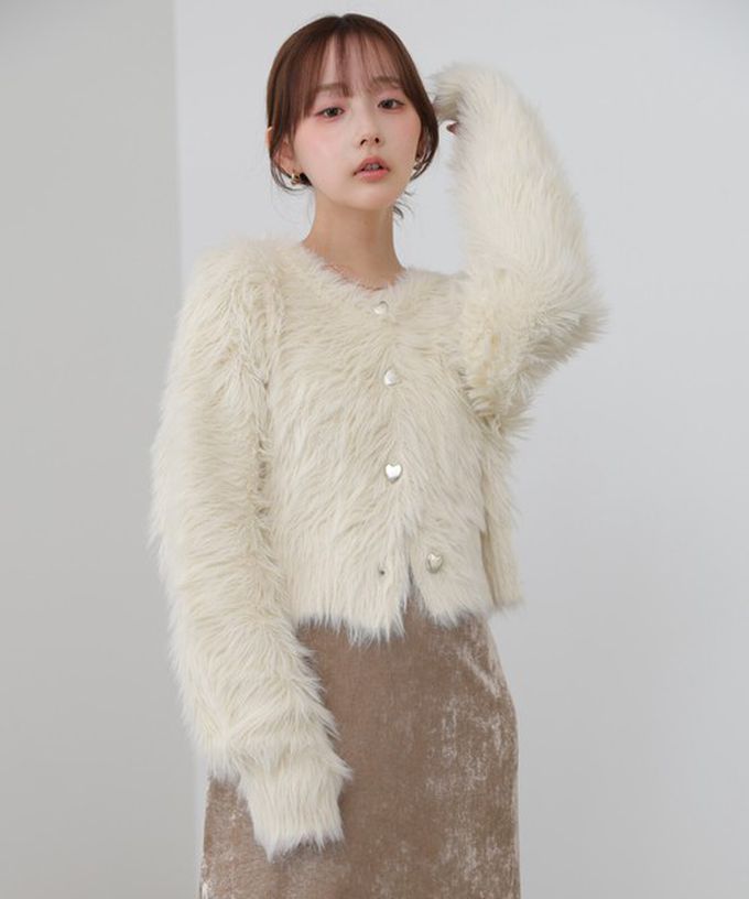 日本 Bab - 奢華毛海愛心扣前後2way開襟衫-長版-淺灰