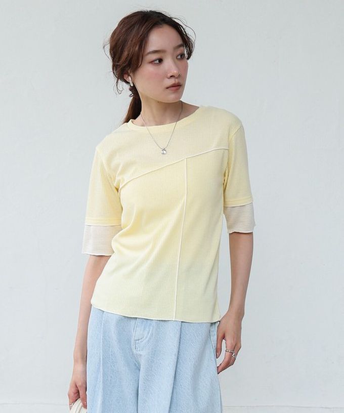 日本 Bab - 柔美線條羅紋異材質短袖上衣-黑 (M)