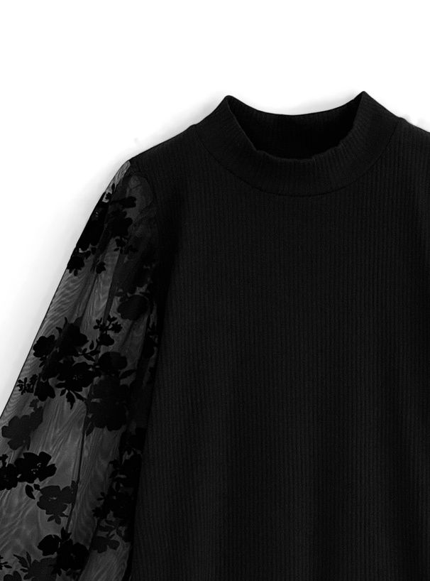 日本 GRL - 花刺繡薄紗拼接圓領上衣-黑 (F)