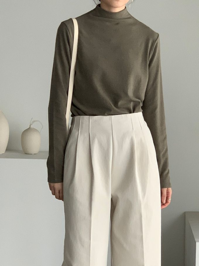 韓國女裝連線 - 百搭中領混羊毛長袖上衣-灰軍綠 (FREE)