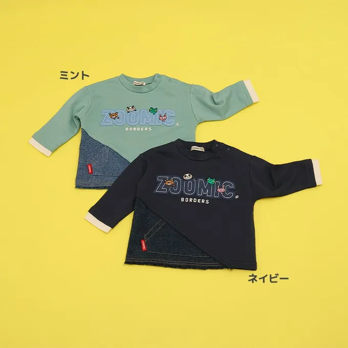 日本 ZOOLAND - 丹寧風小熊裏毛長袖上衣-品牌好朋友-海軍藍x黑