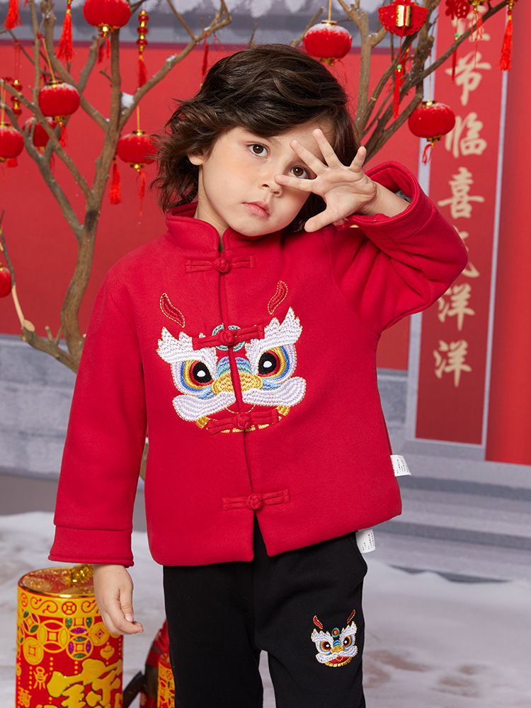 漢服風喜氣拜年立領盤釦外套-醒獅-紅色