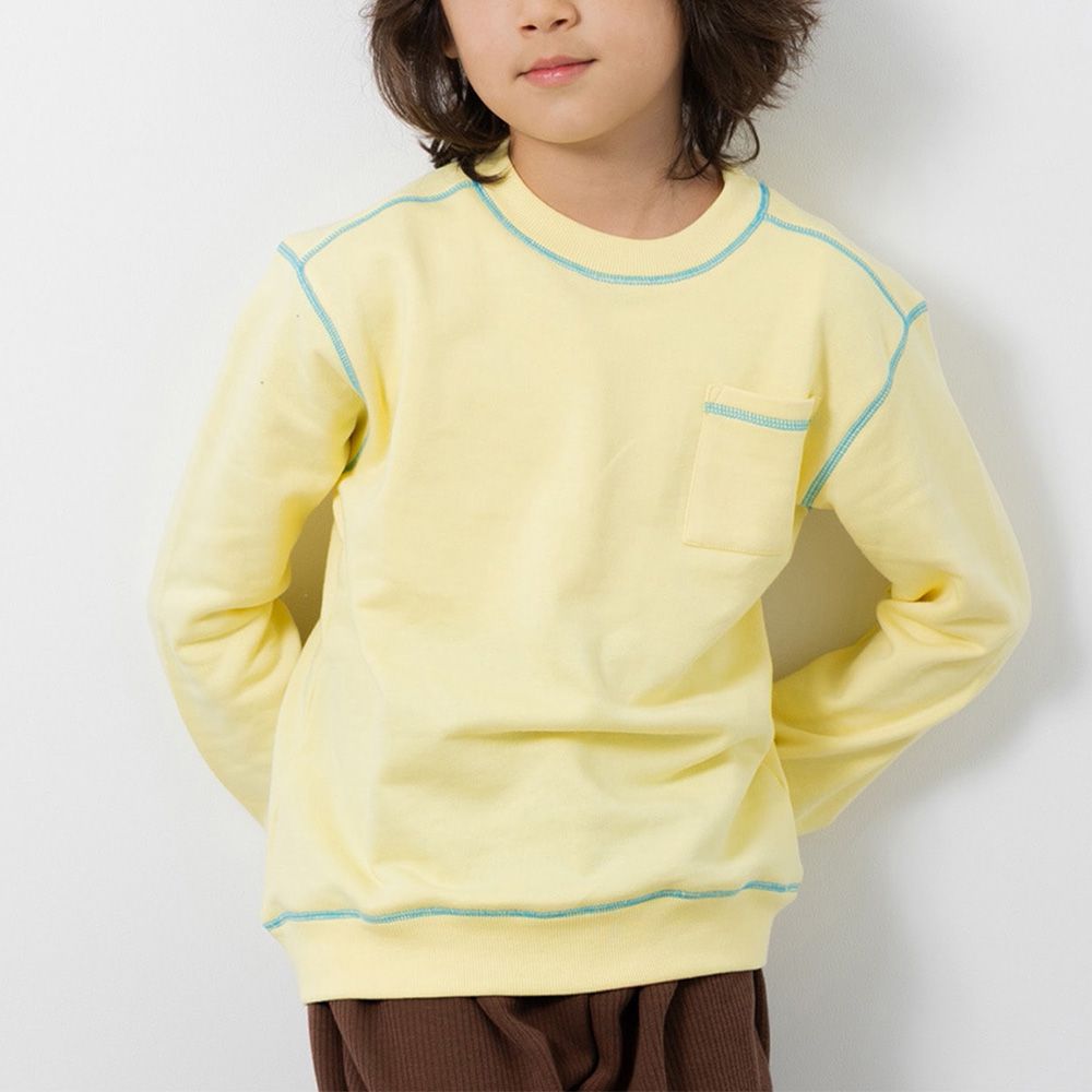 配色縫線簡約裏毛長袖上衣-淺黃x藍線