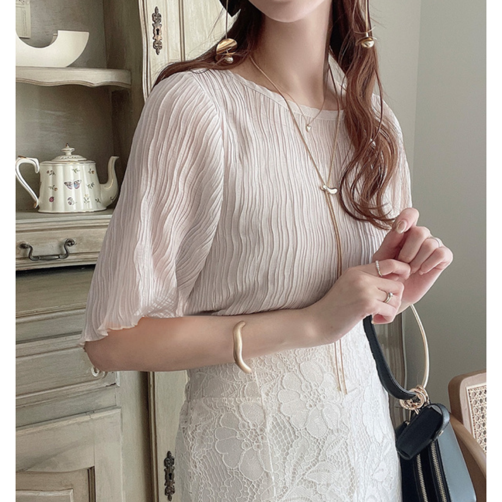 輕盈波浪透膚短袖上衣(附內裡)-淺粉 (F)