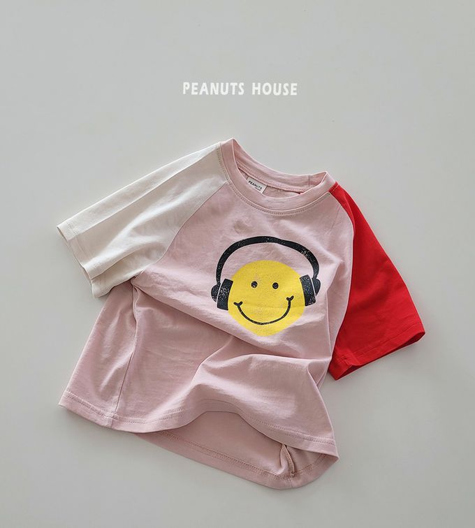 韓國 Peanuts House - 純棉拼色圓領短袖上衣-笑臉耳機-米X藍X墨綠