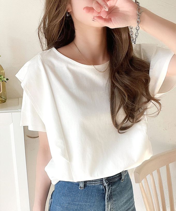 日本 Classical Elf - 純棉柔滑光澤感荷葉袖上衣-白