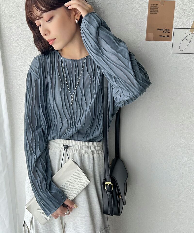 日本 Classical Elf - 圓領波紋透感長袖上衣-黑