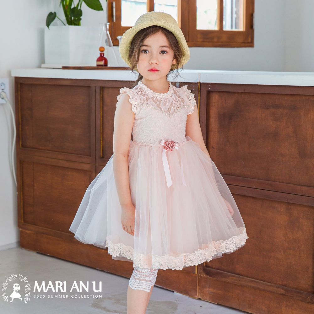 韓國 mari an u - 蕾絲透膚玫瑰別針網紗洋裝-粉紅