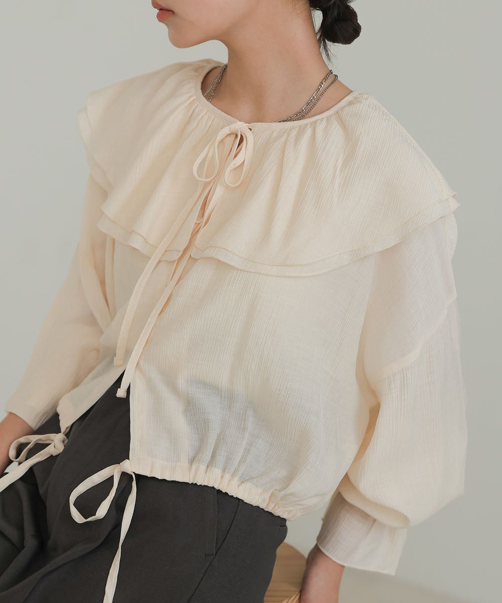 日本 Bab - 浪漫荷葉層次糖果袖襯衫-淺灰