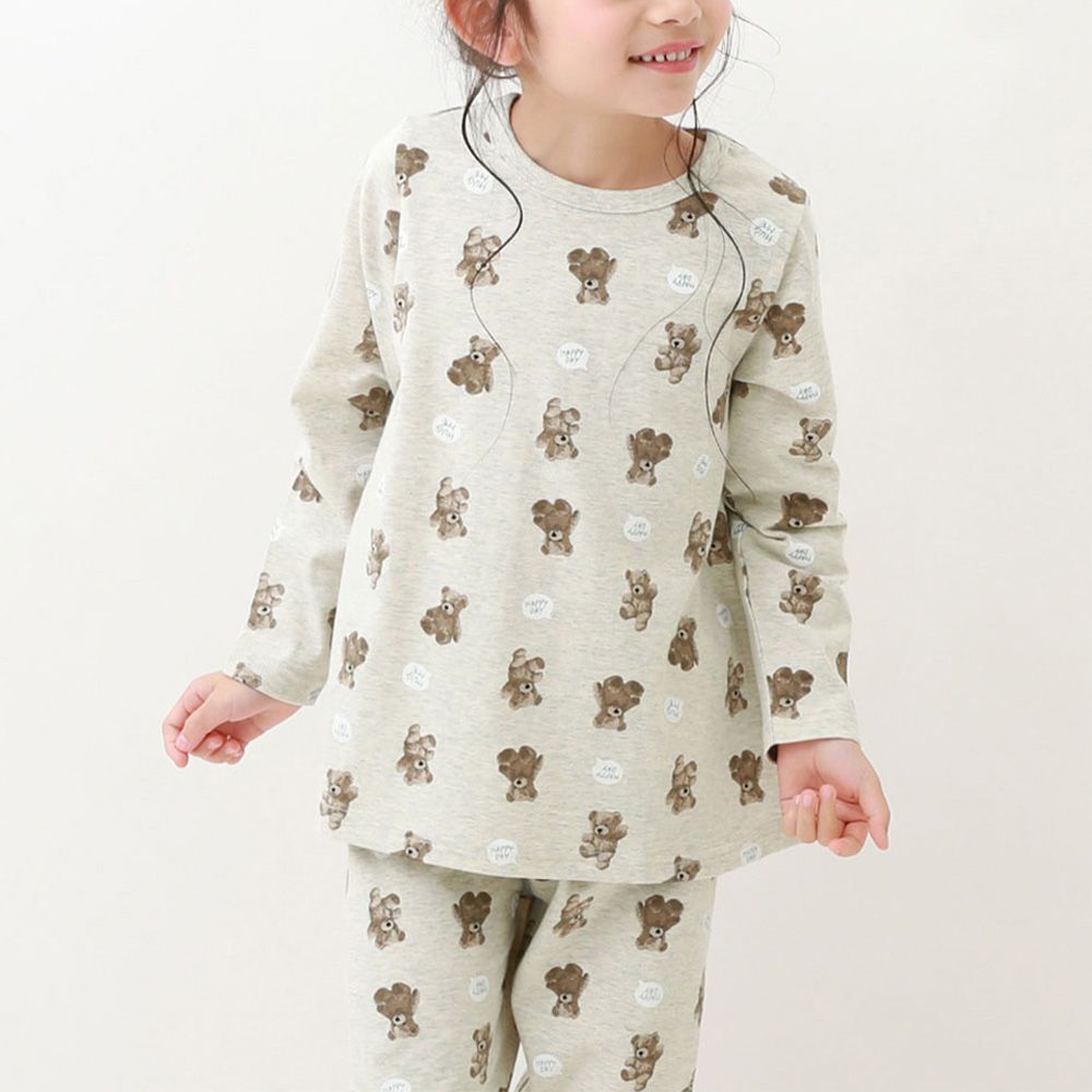 100%棉 高腰長袖家居服套裝(女孩款)-熊寶貝-燕麥灰