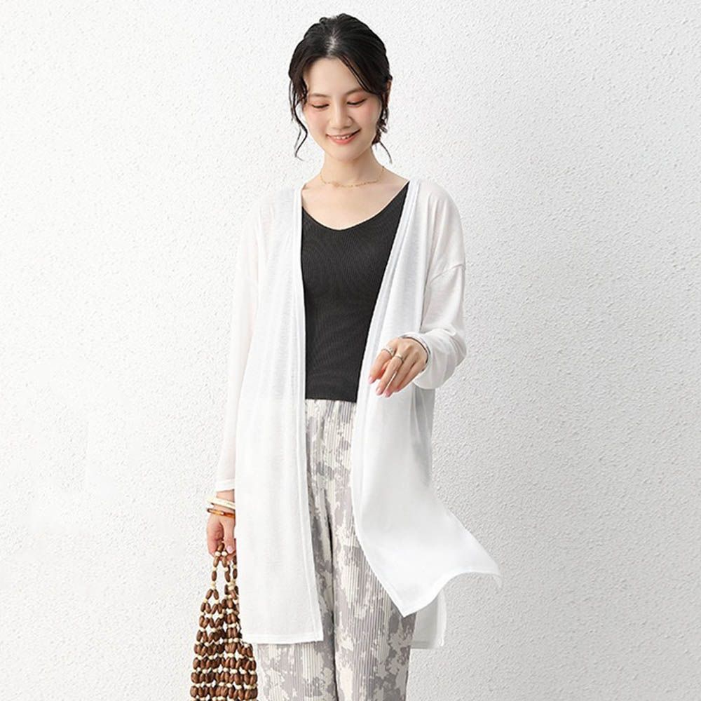 輕薄側開衩中長版防曬外套/罩衫-白色