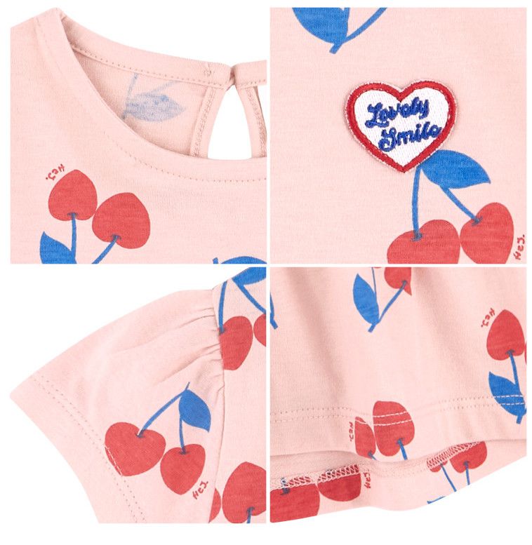 韓國 HEJMINI - 荷葉下擺滿版櫻桃上衣-粉紅