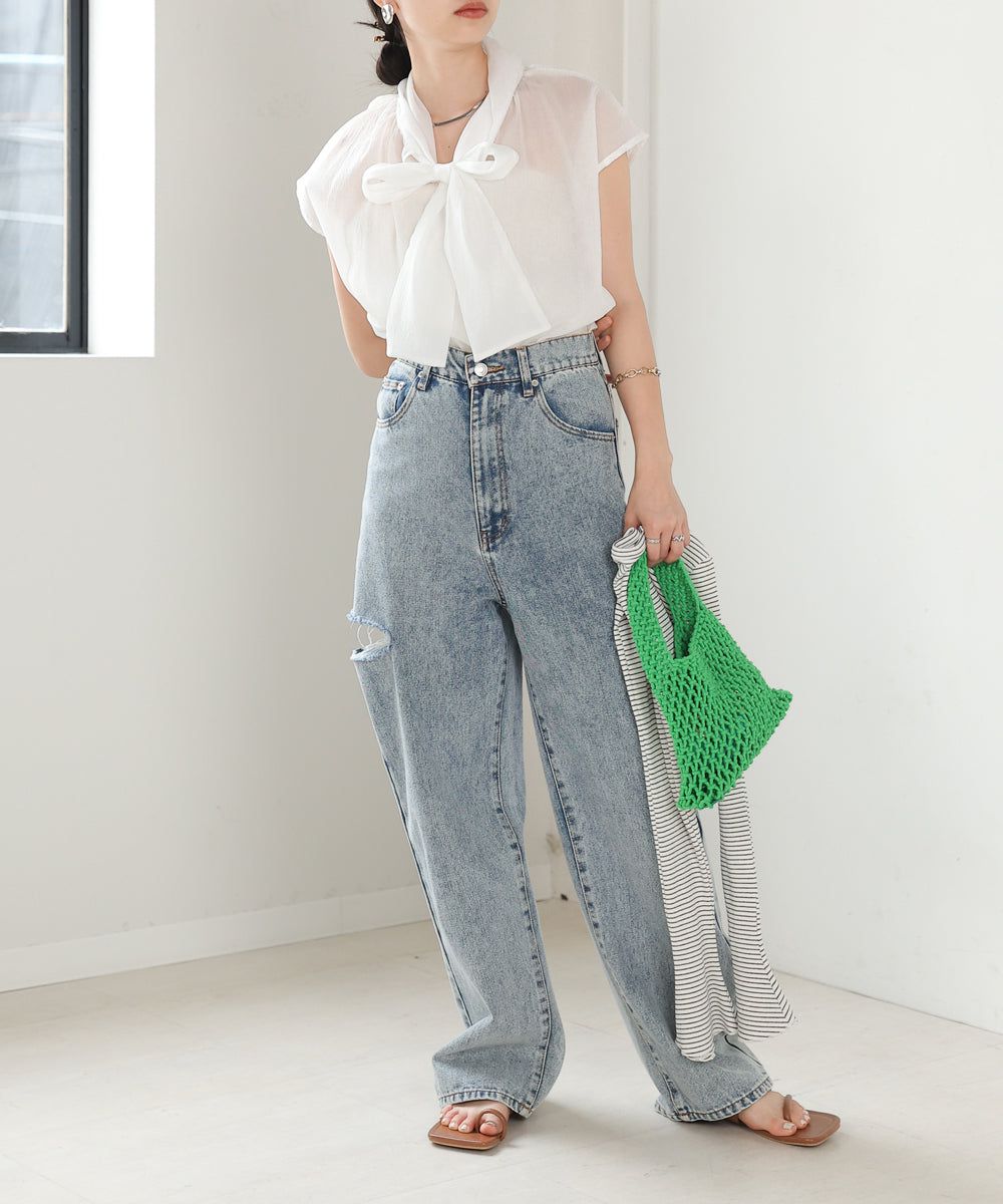 日本 Bab - 歐根紗紐結法式袖上衣-白