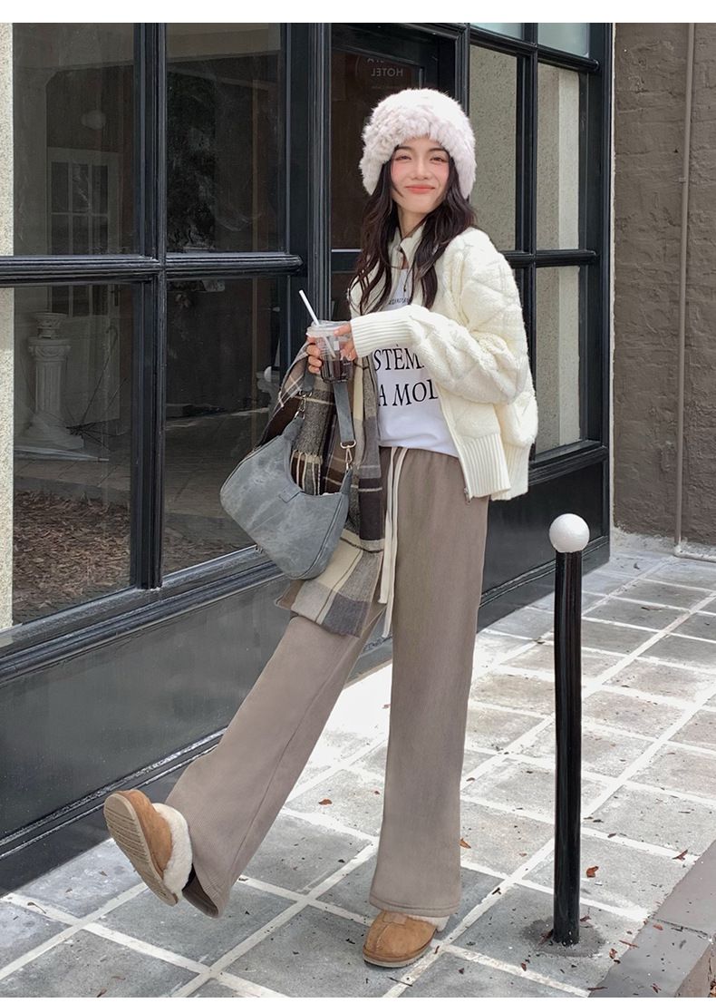 加絨暖暖腰鬆緊闊腿長褲-杏色