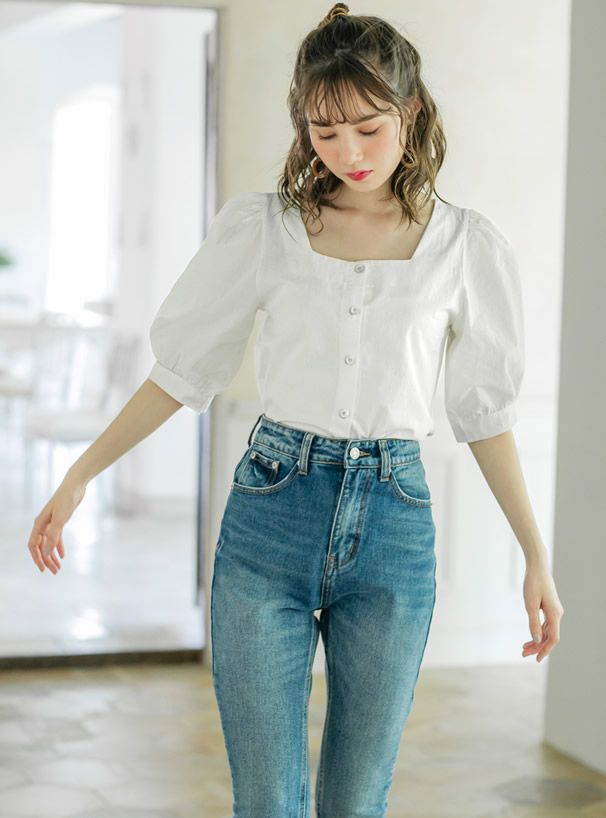 日本 GRL - 簡約法式方領泡泡袖上衣-天使白