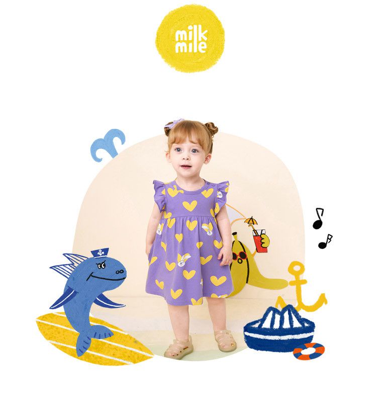 韓國 milk mile - 白兔心紋花袖洋裝-灰藍X紅愛心