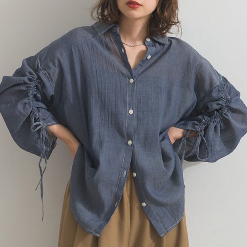 微透膚丹寧風柔美抽繩長袖襯衫-海軍藍